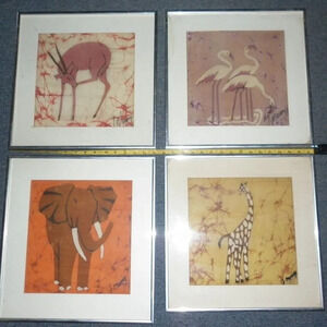 Original Framed & Signed J Mwangi African Animal Painting Set of 4, 15 x 15